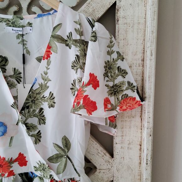 Runway Paris Women's Faux Wrap Surplice Mini A-Line Dress in Floral - Picture 8 of 14